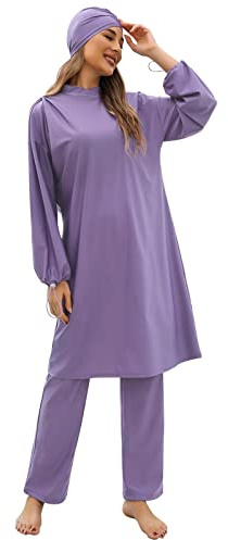 Odizli Burkini pour Femmes Musulmanes Manches Longues Ensemble 3 Pièces Maillot de Bain Couvrant Tout le Corps, lilas, M