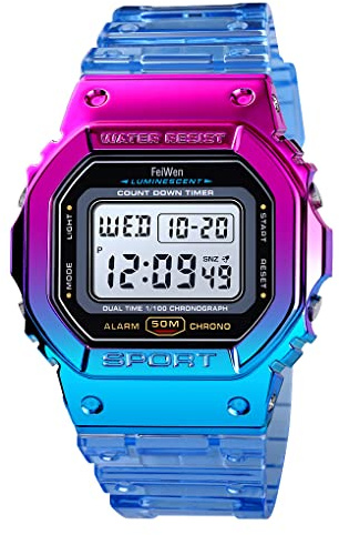 FeiWen Kvinnor och flickor flerfärgad plast sport vattentät klocka LED elektronisk multifunktion dubbel tid stoppur 12H/24H larm plast armbandsur, BLÅ