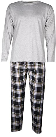 Mens Pyjama Set Tshirt Pyjamas Men Pjs Loungewear Check Woven Sleepwear Pajama Bottom Nightwear Long Sleeve T-Shirts Checked Pjama Lounge Pants Tee Top Grey L