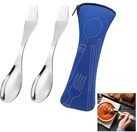 SwirlColor Göffel Edelstahl 2 Teilig, Wiederverwendbar Löffel Gabel Tragbarer Camping Göffel Campingbesteck Set mit Bestecktasche für Picknick im Freien Reisen Wandern - Blau