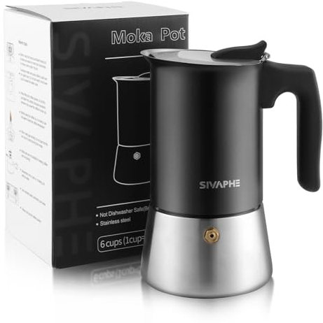Sivaphe Stovetop Espresso Maker 300ml, Induction Hob Italian Coffee Percolator Maker Moka Pot Stainless Steel 6 Italian Cups, Black