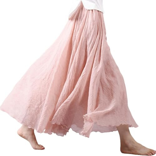 Gyios Gonna Lunga Gonna Estiva, Gonna in Cotone E Lino, Gonna Lunga Tinta Unita in Lino, Gonna Larga Larga Larga Larga, Gonna Plissettata A-line-rosa-95cm