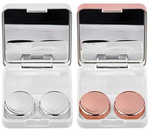 IBXWMNG 2 Mini Custodia per Lenti a Contatto da Viaggio con Specchio e Contenitore per l'Immersione delle Lenti, L/R Cappucci, Rosa e Argento - Ideale per Viaggiare