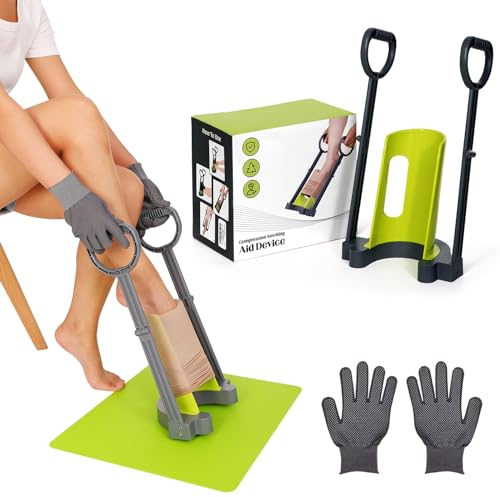 Anziehhilfe für Kompressionsstrümpfe und Stützstrümpfe, mit Silikon Anti Rutsch Matte, Ausziehen Ohne Bücken, mit Spezialhandschuhe für Kompressionsstrümpfe