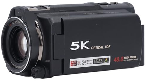 5K Videokamera, 48 MP Videokamera 12X Optisk Zoom med 3,5 Tums Roterbar Pekskärm, APP-förhandsgranskning, Fjärrkontroll, Mikrofon, Motljusskydd, för Videoinspelning, WiFi