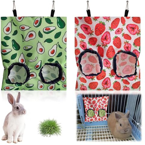 Rabbit Hay Feeder,2 PCS Guinea Hay Feeder,Hanging Hay Bags with Storage Pouch,Rabbit Hay Rack for Guinea Pigs, Bunnies,Chinchillas and Hamsters