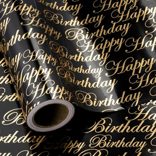 RUSPEPA Papier D'Emballage D'Anniversaire Réversible - Petit Rouleau - 43,2 Cm X 10 M - Design De Lettrage Joyeux Anniversaire En Feuille Noire Et Dorée