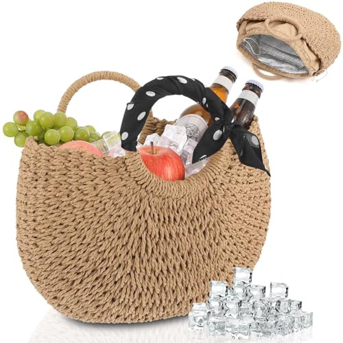 Dansydaisy Insulated Beach Cooler Bag for Women Straw Beach Bag Leak Proof Portable Rattan Summer Tote with Drawstring Closure Woven Handbag for Women Lunch Grocery Food Picnic Travel Gift