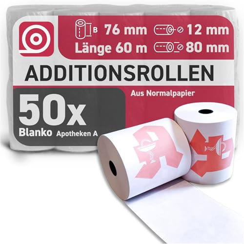 Gebongt24 Additionsrolle 76 mm x 60 m x 12 mm mit Apotheken-Druck – holzfreies Normalpapier 60g/m² – 50 Kassenrollen mit ca. 80 mm Rollendurchmesser – ideal für Apotheken passend für EPSON & Co.
