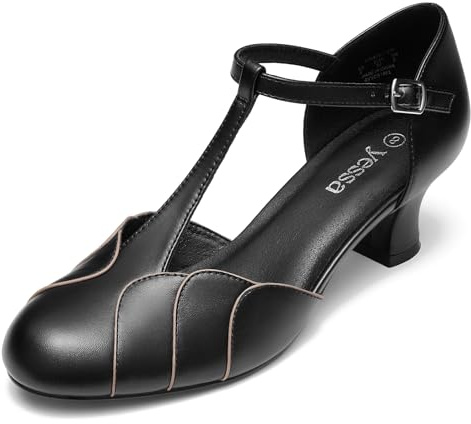 YESSA Character Shoes 2 Dance Shoes for Women T-Strap 1920s Flapper Shoes for Ballroom Latin Salsa Folklorico Flamenco Tango Swing Wedding Gatsby Shoe 7.5 Black