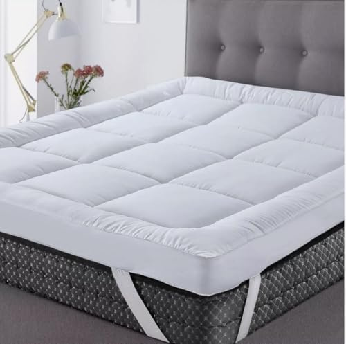 10cm Mattress Topper Hotel Quality1000GSM Bounce Back Deep Breathable 4inch Microfiber Topper with Elasticated Straps Enhances Comfort & Supports Single Double King Size Bed Toppers (Single)