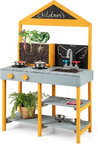 FANTASK Cuisine d'extérieur pour Enfant en Bois de Sapin avec bac à Plantes, 2 Tableaux Noirs, Robinet et lavabo, Bleue