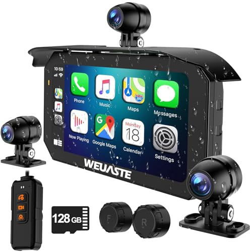 Weuaste 6.25 Motorcycle Carplay Screen with GPS NavigationSystem, Wireless Android Auto, TPMS, HD 1080P Dual Motorcycle Dash Cam+Third Person Perspective Camera, Motos Metal Anti-Theft Bracket