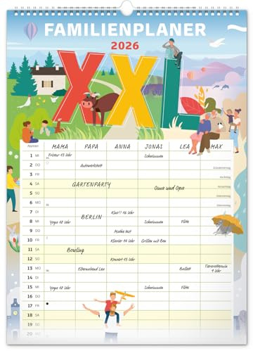 NOTIQUE Calendrier mural XXL 2026 – Planning mensuel utilisable comme planificateur familial avec 6 colonnes – Calendrier mensuel 33 x 46 cm (famille XXL)