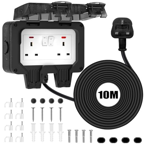 Double Outdoor Socket Waterproof 10M Extension Lead Weatherproof IP66 Outside Plug Socket Switched Wall Electrical Outlet, 13Amp 2 Gang External Storm Garden Power Socket Cover Box, Black