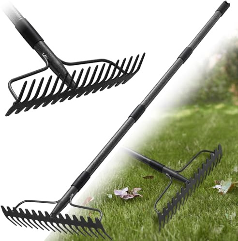 Râteau de jardin 150 cm - Râteau en métal robuste avec manche et 17 dents pour gazon, feuilles & sol | Râteau à gazon pour aérer, niveler & désherber | Râteau à foin durable pour cour