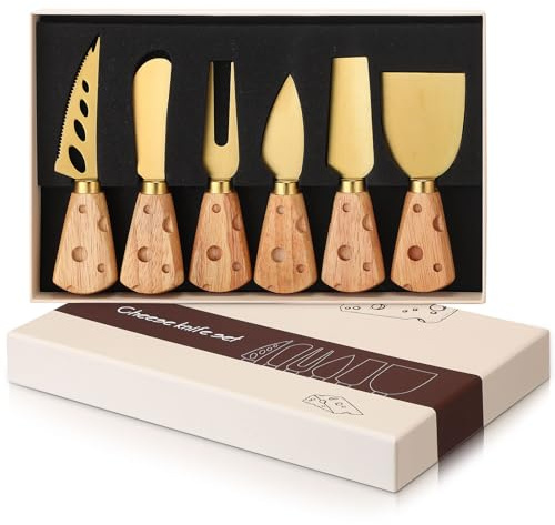 Zhehao 6 Pcs Gold Cheese Knives Set Tools Stainless Steel Cheese Slicer and Cutters for Kitchen Board Knife Set for Kitchen Charcuterie Board Accessories Housewarming Gift
