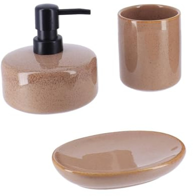 Tendance - Set Gobelet Distributeur à Savon et Porte Savon Grès Laqué - Caramel- Salle de Bain - Accessoire Salle de Bain à Poser
