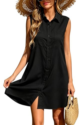 Rayson Vestito Donna Estivo Casual Senza Maniche con Scollo a V Vestito Mare Elegante con Botton Abiti da Spiaggia Abiti Estivi da Donna Midi Dress(Nero,L)