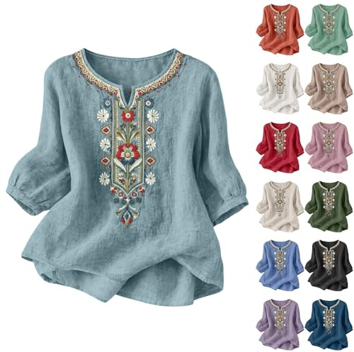 Camisa Mujer de Lino y Algodón con Bordado Étnico, Blusa Holgada Manga 3/4 para Primavera Verano, Top Casual Cuello en V， Blusas de Vestir de Mujer,Camiseta Elegante Talla Grande Camisetas Basicas