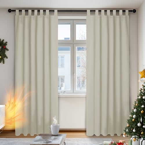Deconovo Blickdichte Gardinen mit Schlaufen Verdunkelungsgardinen Dicke Thermogardine Kälteschutz warm Hitzeschutz, 260x140 cm(HöhexBreite) cm, Hellbeige, 2er Set