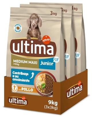 Ultima Medium-Maxi Junior Pollo, Comida seca para perros, Pack de 3 x 3kg, Total 9kg