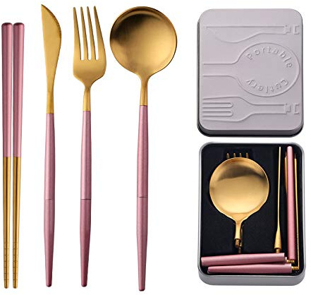 Do Buy Portable & Reusable Stainless Steel Travel Cutlery Set，Folding Utensil Set with Case ，for Camping, Picnic, Office and On-The-Go (Pocket Sized Flatware Set) (Black) (Pink Gold)