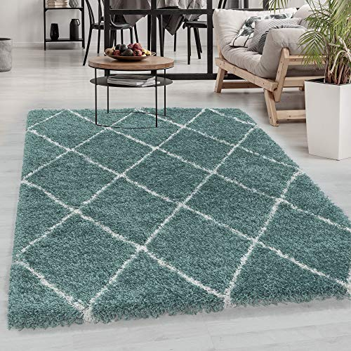 Carpetsale24 Hochflor Teppich Blau 140x200 cm Rauten Design Flauschig-Weich Langflor Wohnzimmerteppich Skandinavischer Stil Shaggy Teppich