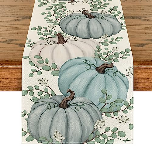 Artoid Mode DREI Blau Kürbisse Eukalyptus Herbst Tischläufer, Saisonnal Küche Tisch Dekoration Drinnen Urlaub Party Dekor 40x140 cm