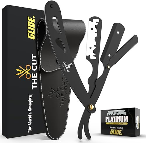The Cut Factory Exquisita Line - Navaja de afeitar para hombre con cuchillas ultraafiladas de un solo filo, revestimiento negro mate, con bolsa de piel y caja de regalo