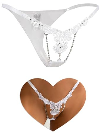 comeondear Tangas Sexy Mujer con Strass Mini String Cintura Ajustable Transparente Tanga de Hilo Cintura Baja Thong con Bordadas Talla Grande Ropa Interior Sexy Lenceria 1-Blanco,XL