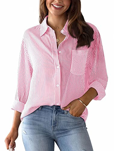 Women's Tops Elegant Long Sleeve V Neck Striped Blouse Shirts with Buttons Casual Office Work Blouses Cotton Stylish Tunic Shirt Tops Basic Longline Shirts Pink XL