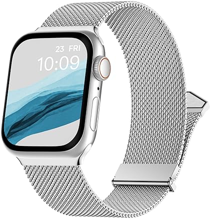 Metallarmband Kompatibel mit Apple Watch Armband 38mm 40mm 41mm 42mm, Edelstahl Mesh Armband mit Magnetverschluss für Apple Watch SE Series 10 9 8 7 6 5 4 3 2 1, Silber