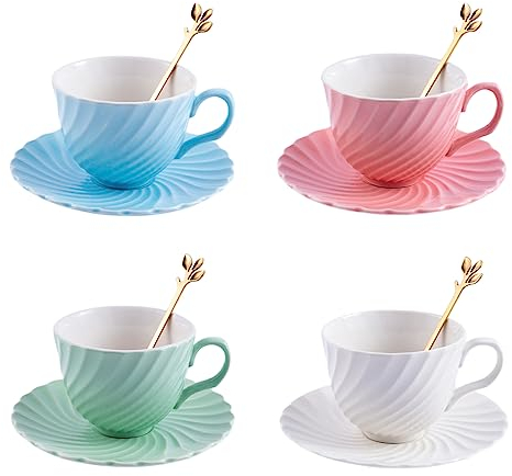Winlauyet 4x Stilvolle Spiralmuster Kaffeetasse Keramik-Kaffeetassen-Set je 170ml Espresso Kaffeetasse mit Untersetzer und Löffel Mug Set Porzellan Espressobecher