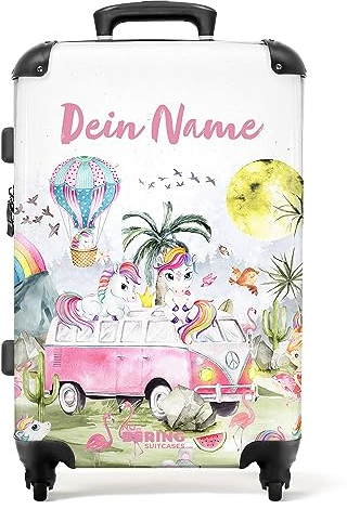 NoBoringSuitcases.com® Kinderkoffer Mädchen - Bus - Einhorn - Regenbogen - Koffer Kinder Mädchen - Koffer personalisiert 67x43x25cm - Kinder Koffer Madchen - Kinder Trolley Mädchen