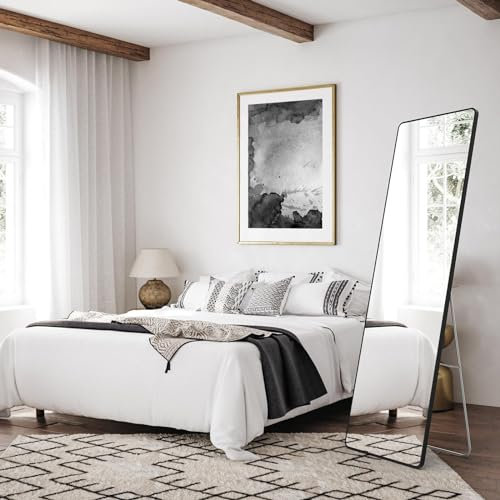 Topzora Ganzkörperspiegel mit Schwarz Metallrahmen,150 * 40cm Standspiegel mit Ständer,Spiegel Groß Wandspiegelfür Schlafzimmer, Wohnzimmer, Flur und Garderobe(Schwarz)