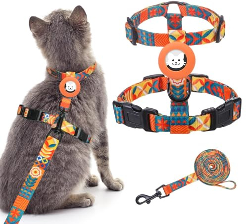 BINGPET Juego de arnés y correa para gatos a prueba de escape para caminar, arnés ajustable con soporte para Airtag para gatos pequeños, medianos y grandes, arnés ligero de fácil control con hebilla