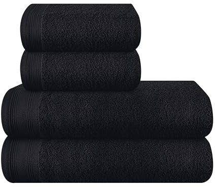 MALLONI HOME Ultra Soft 4er-Pack Handtuch-Set, Baumwolle, enthält 2 übergroße Badetücher 70 x 140 cm, 2 Handtücher 50 x 90 cm, für den täglichen Gebrauch, kompakt und leicht — Schwarz