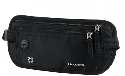 LEXICANMHS Reise Bauchtasche Diebstahlsicher,Bauchtasche Flach unter Kleidung,Reise Geldgürtel mit kreditkartenfach RFID Schutz,Handy Bauchtasche für Smartphone,Money Belt für Damen Herren (Schwarz)