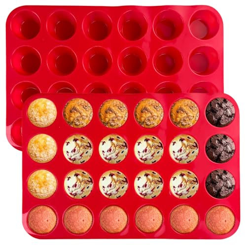Xpieoyrm Mini Silikon Cupcake Pan Set, 2 Stück Mini 24 Tassen Muffin Form, BPA-frei Backform Antihaft-Backblech, Hitzebeständige Silikonbackformen, für Cupcakes, Brownies, Kuchen, Pudding
