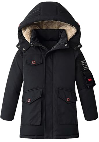 amropi Niño Abrigos de Plumas Invierno Chaqueta con Capucha Acolchada Parka Cálido Jacket Negro, 7-8 años
