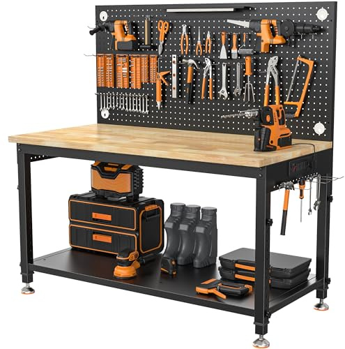 CAMMOO 48 Heavy Duty Work Bench Adjustable Height Max Load 2000 LBS with Storage Shelf for Garage Workbench, Rubberwood Tabletop with Pegboard, LED Light, Built-in Power Strip for Woodworking Shop
