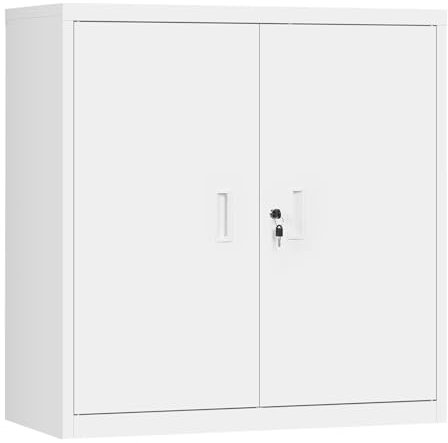 WOLTU Archivador Armario Oficina, Armario Metalico con Cerradura, Cajonera Escritorio Multiusos, Mueble Archivador 2 Puertas, Mueble Auxiliar para Oficina y Estudio, Blanco, A90xA92xF40 cm