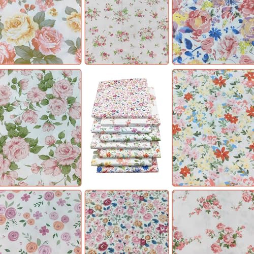 LetCart Nähen Patchwork Stoff, 8pcs Blumen 50 * 50 cm Baumwolle gedrucktes Stoff Set Baumwoll kleiner Schrottstoff für DIY, Kunsthandwerk (Rosa)