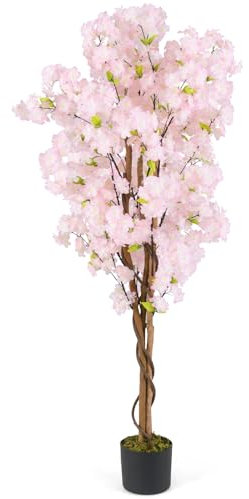 COSTWAY 150CM/163CM Tall Artificial Cherry Blossom Tree, Fake Blooming Flower Tree in Cement Pot with Pink/White Flowers, Faux Floral Potted Plant for Office Home Wedding (1, Pink, 150cm)