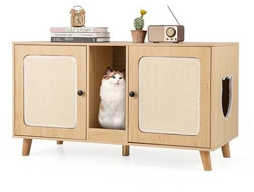 FANTASK Armoire à litière pour Chat avec 2 Portes et griffoir et 2 Tapis griffoirs en sisal et entrée, Maison pour 2 Chats, Table d'appoint, 108 x 50 x 60 cm (Naturel)