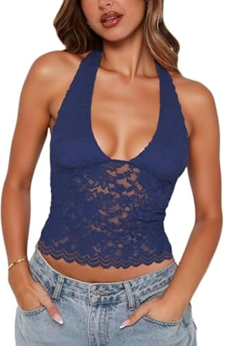 Sukiglam Damlinne sommar crop top chic och elegant sexig spets ärmlös topp y2k halter krage topp mjuk camisole smal passform camisole rygglös toppar kort genomskinlig spetsblus, Marinblå, L