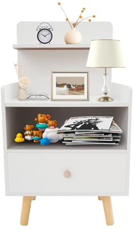 Susoso Mesita de noche, mesa auxiliar, cajón, mesita de noche con mango redondo, diseño del cuerpo, capacidad de carga total de más de 15 kg, para periódicos, 40 x 34 x 70 cm, color blanco