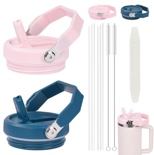 AYESY Tapa para Stanley Cup 2 Piezas Tapas Stanley Cup a Prueba de Fugas Reutilizable con 2 Pajita de Plastico y Pincel Cuentagotas Tapas de Repuesto de Vasos para Accesorios Stanley Cup-Rosa+Azul
