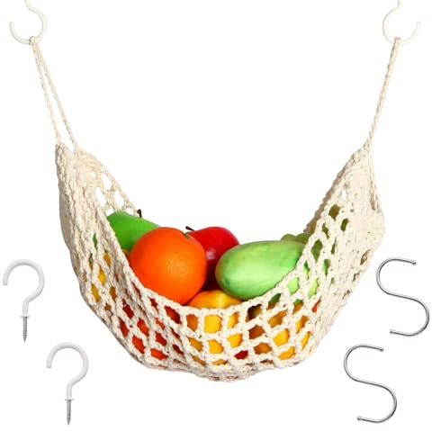 Cesta Colgante para Fruta,Cesta de Frutas Colgante para Debajo del Armario Soporte para Verduras Desmontable y Hamaca para Frutas y vVerduras en Color Blanco Crema
